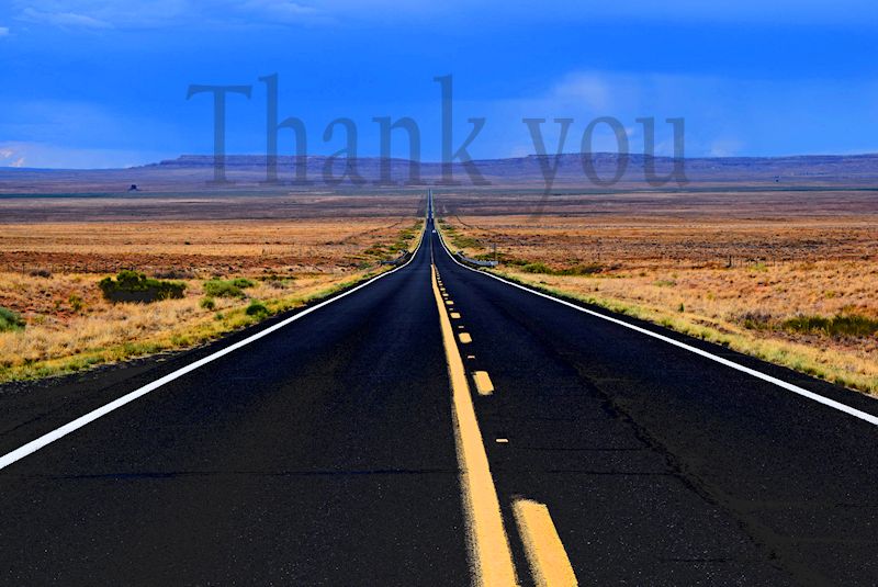 The words thank you over a broad western landscape