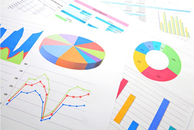 colorful charts and graphs spread across a table