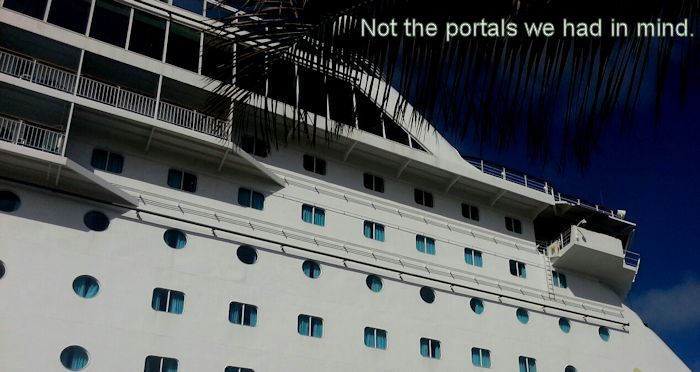 A cruise ship with many portals distinct. 