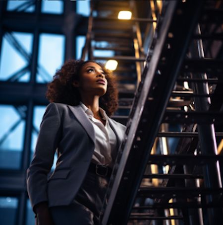 A young executive in a factor climbs steps and looks skyward.