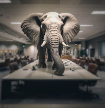 An elephant standing on a corporate training table. 