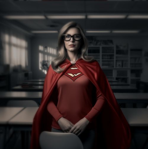 An adult education teacher wearing a hero's cape in an empty classroom.