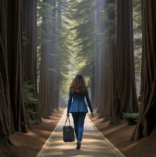 Woman with Laptop bag walking down a clear path toward learning.