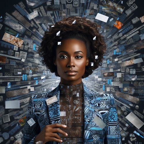 Dark-skinned woman surrounded by ideas and data.